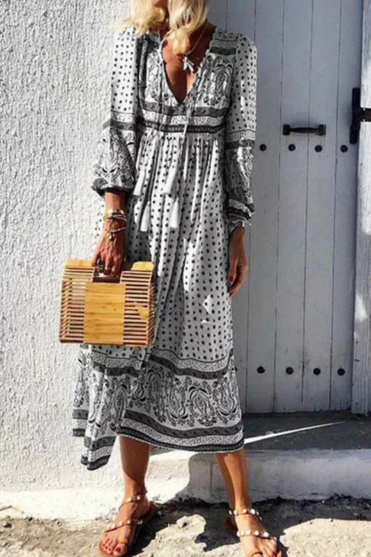 Print V Neck Cake Skirt Dresses(3 Colors)