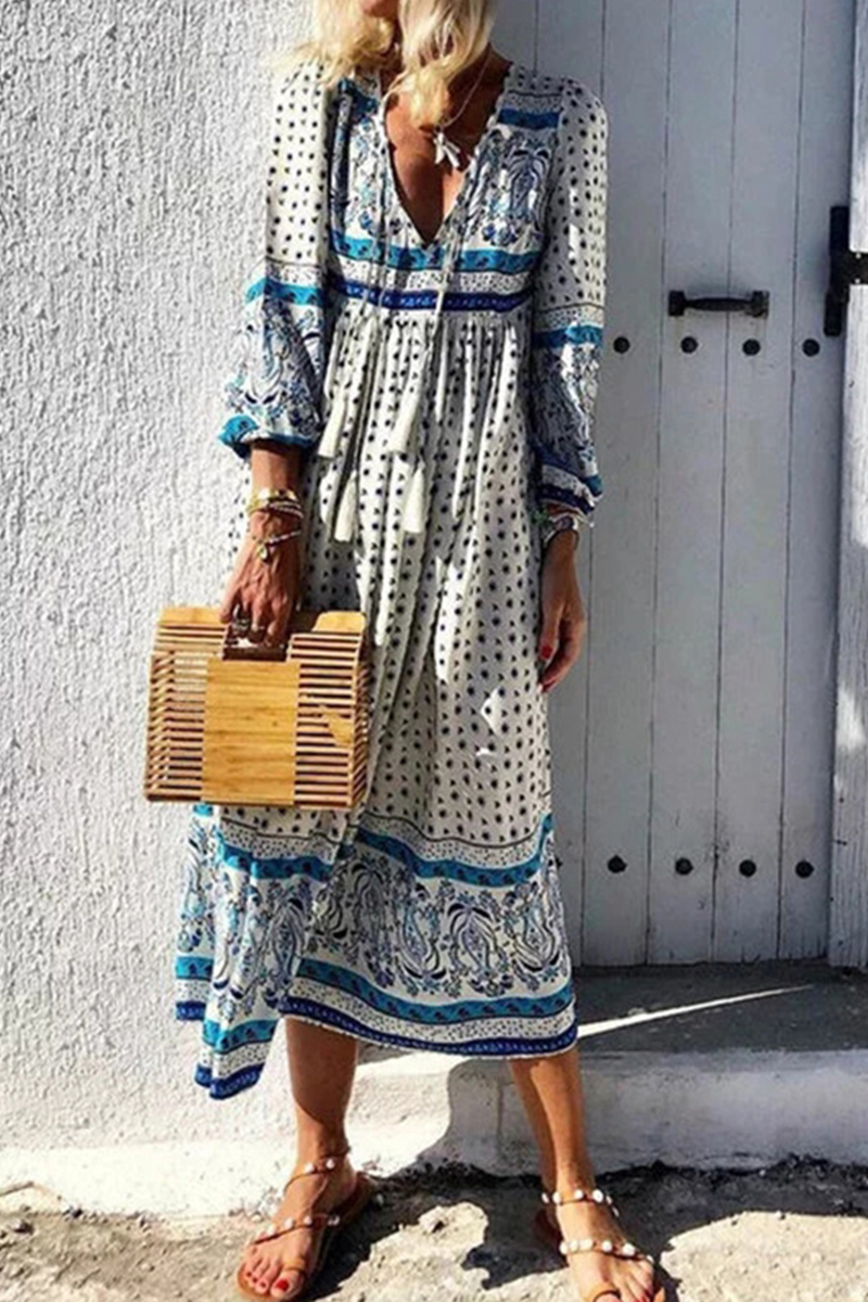 Print V Neck Cake Skirt Dresses(3 Colors)