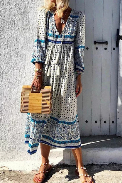 Print V Neck Cake Skirt Dresses(3 Colors)