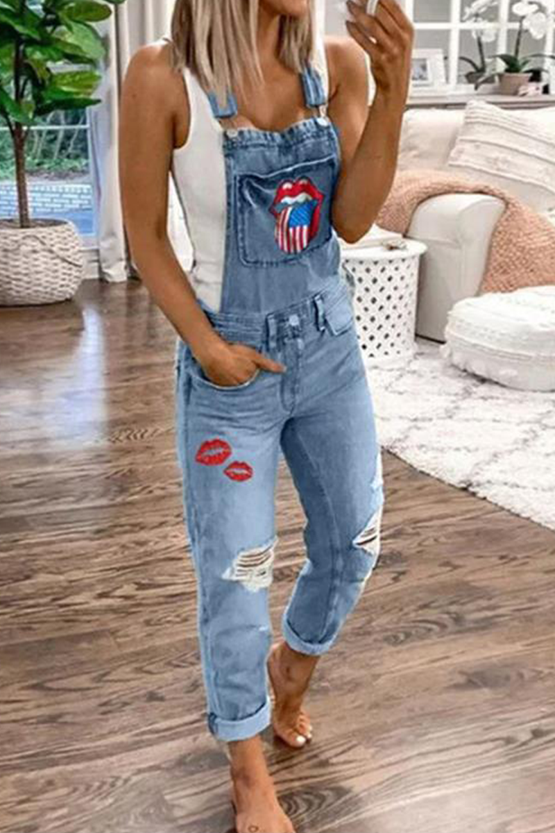 Lips Printed Square Collar Harlan Jumpsuits