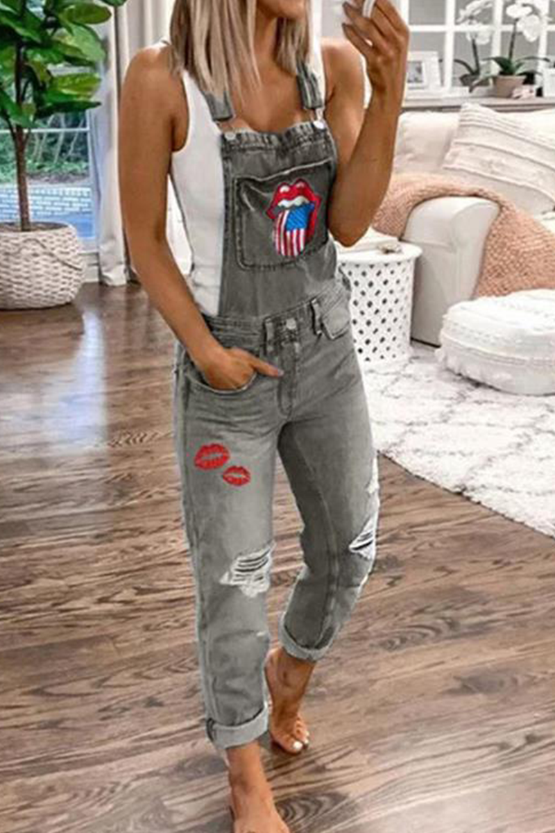Lips Printed Square Collar Harlan Jumpsuits