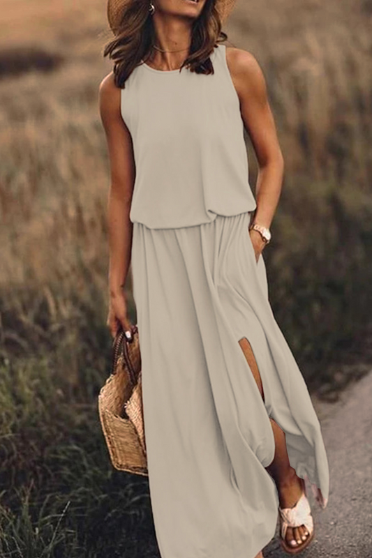 Patchwork Slit O Neck Waist Skirt Dresses(8 Colors)