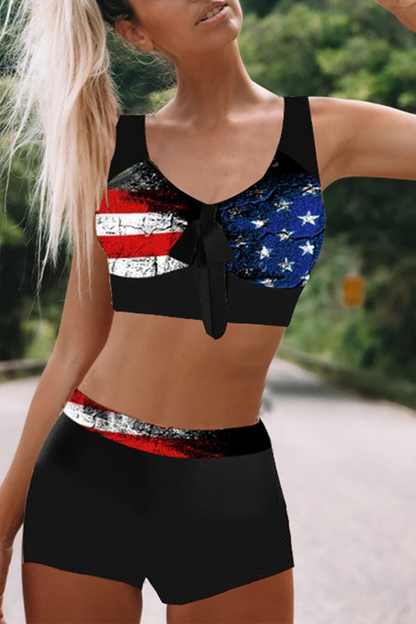 Print Patchwork V Neck Sleeveless Two Pieces