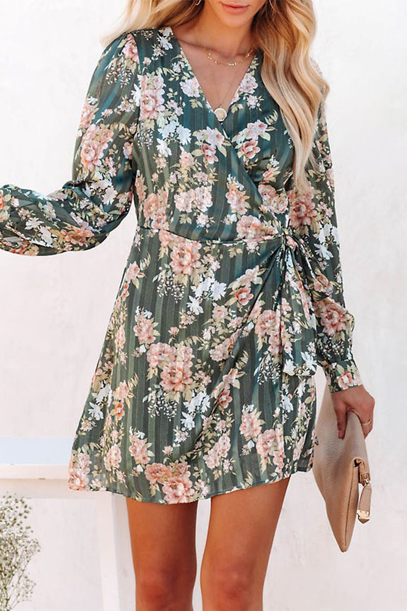 Print Split Joint V Neck Waist Skirt Dresses