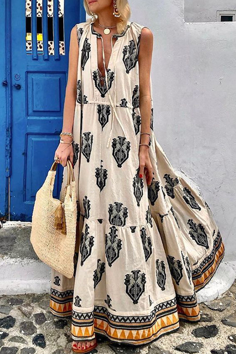 Print V Neck Cake Skirt Dresses(3 Colors)