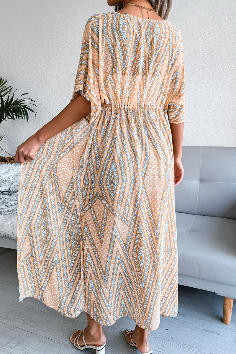 Print Split Joint Cardigan Collar Waist Skirt Dresses(3 Colors)