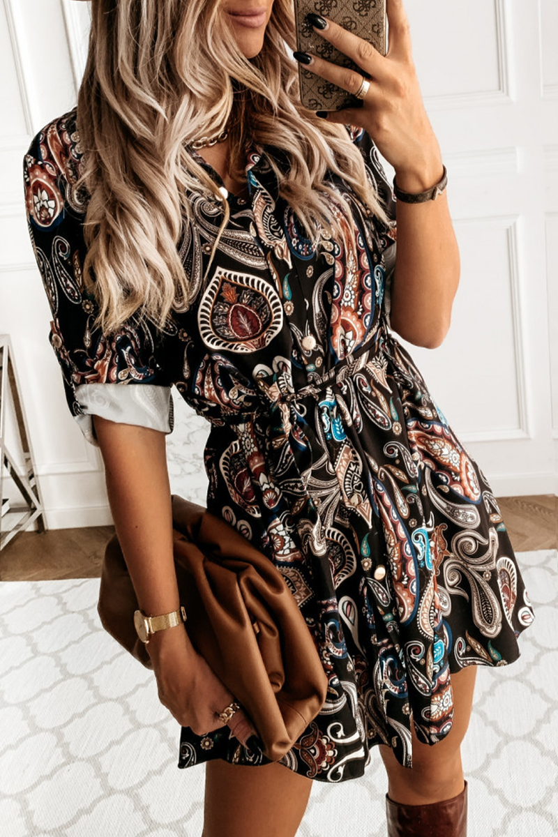 Print Turndown Collar Cake Skirt Dresses(3 Colors)