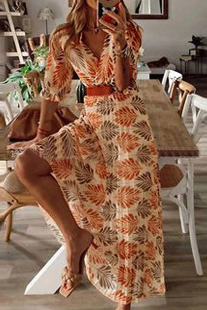 Print V Neck Cake Skirt Dresses