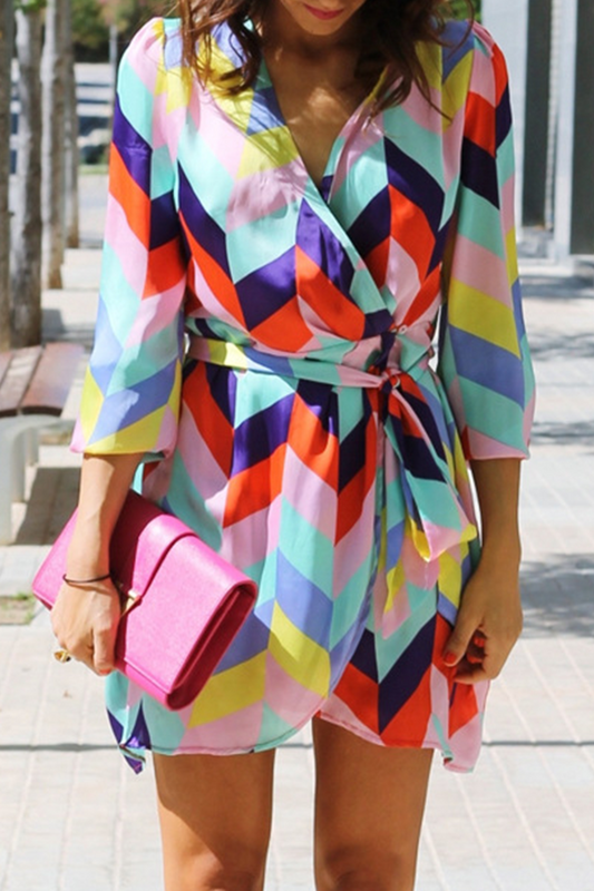 Print Patchwork V Neck Waist Skirt Dresses