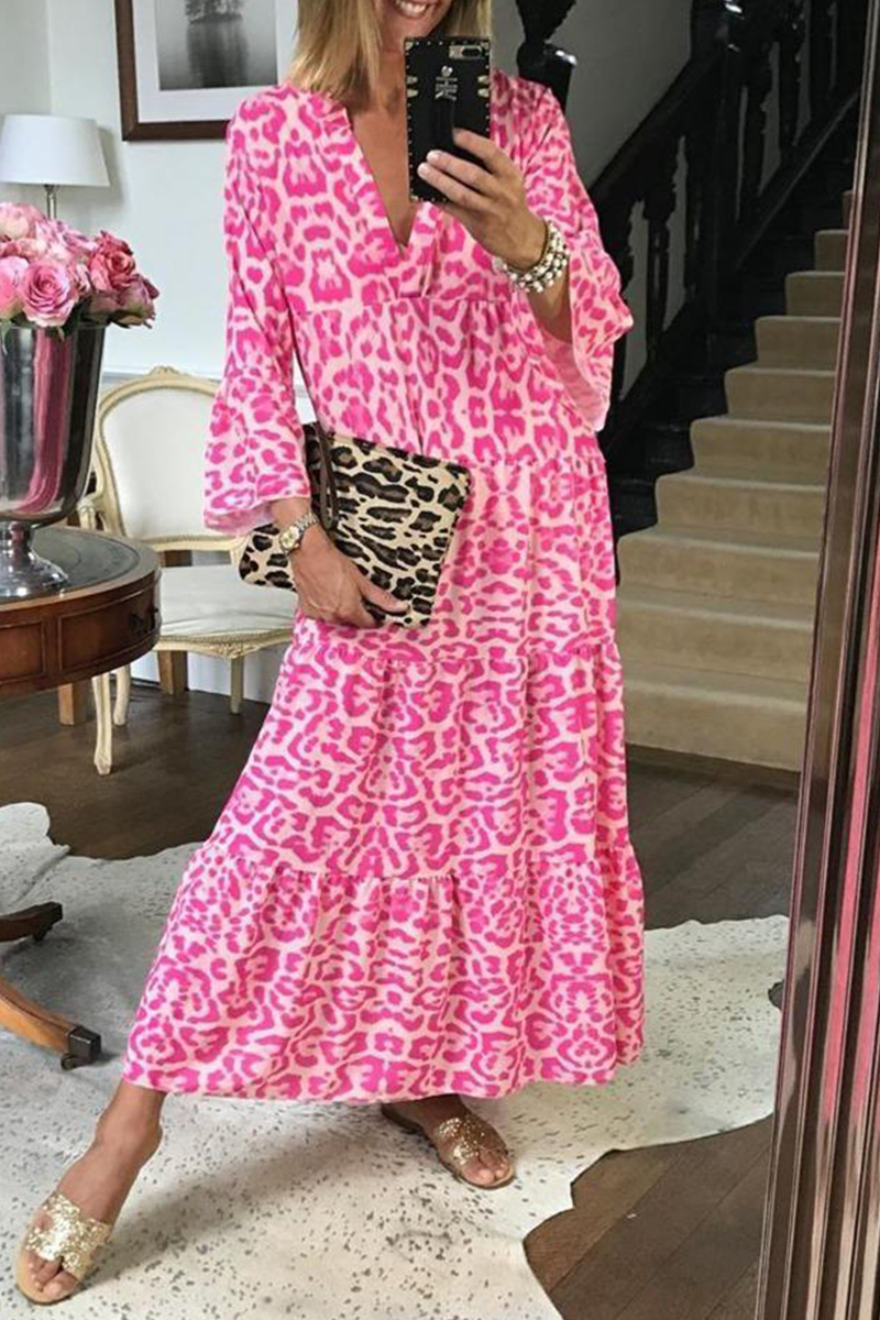 Print Patchwork V Neck Cake Skirt Dresses