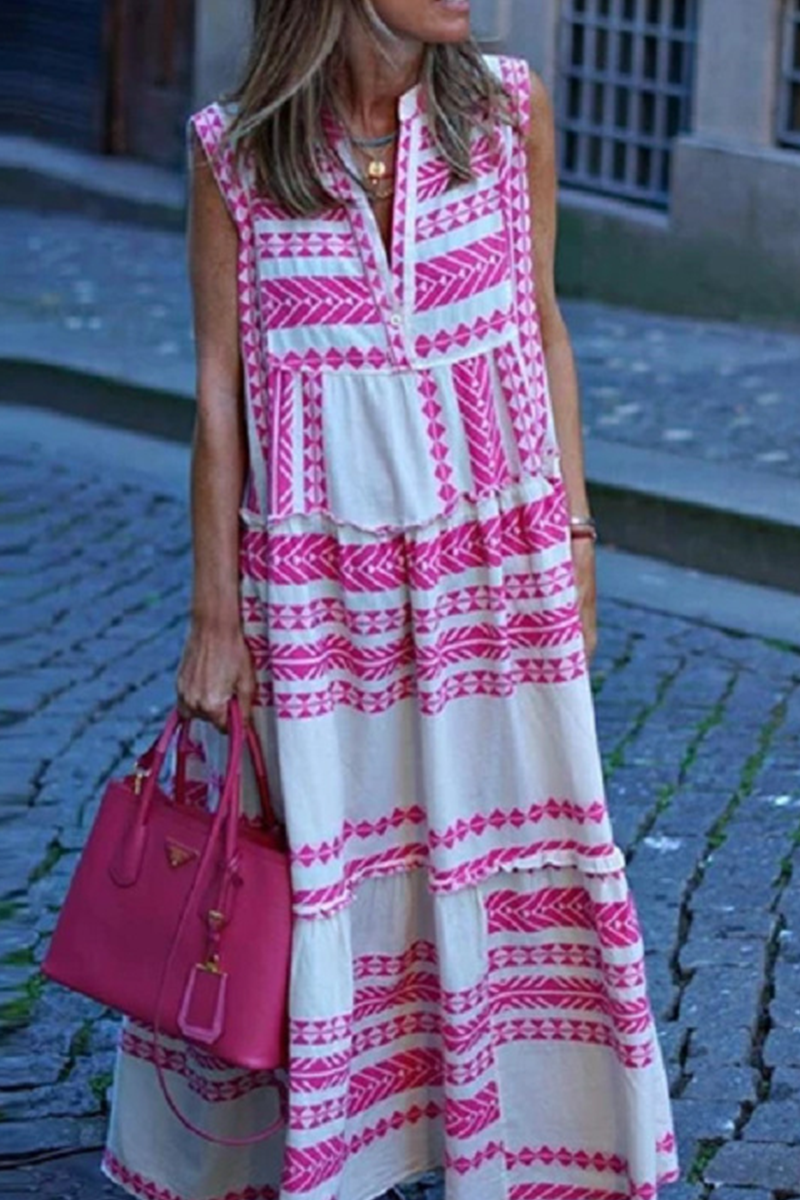 Print Patchwork V Neck Cake Skirt Dresses