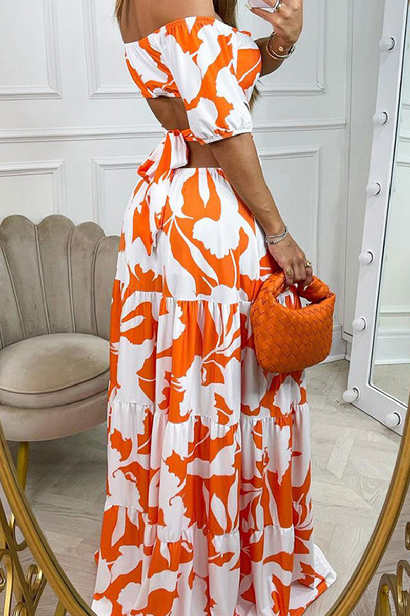 Print Split Joint Off the Shoulder Cake Skirt Dresses(4 Colors)
