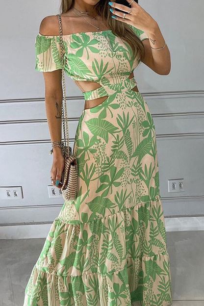 Print Split Joint Off the Shoulder Cake Skirt Dresses(4 Colors)