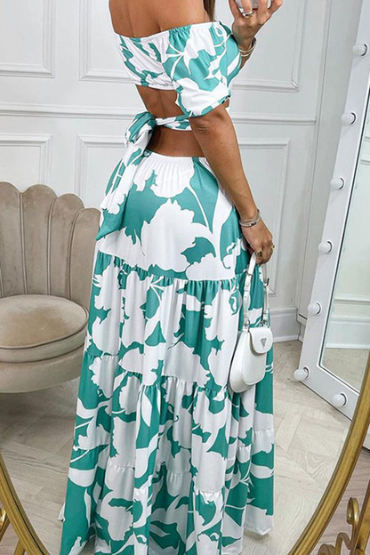 Print Split Joint Off the Shoulder Cake Skirt Dresses(4 Colors)