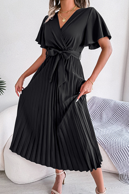 Fold V Neck Waist Skirt Dresses(3 Colors)