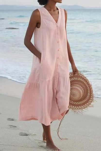 Buckle V Neck Cake Skirt Dresses(7 Colors)