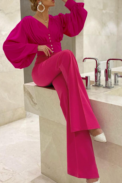 Patchwork V Neck Long Sleeve Two Pieces