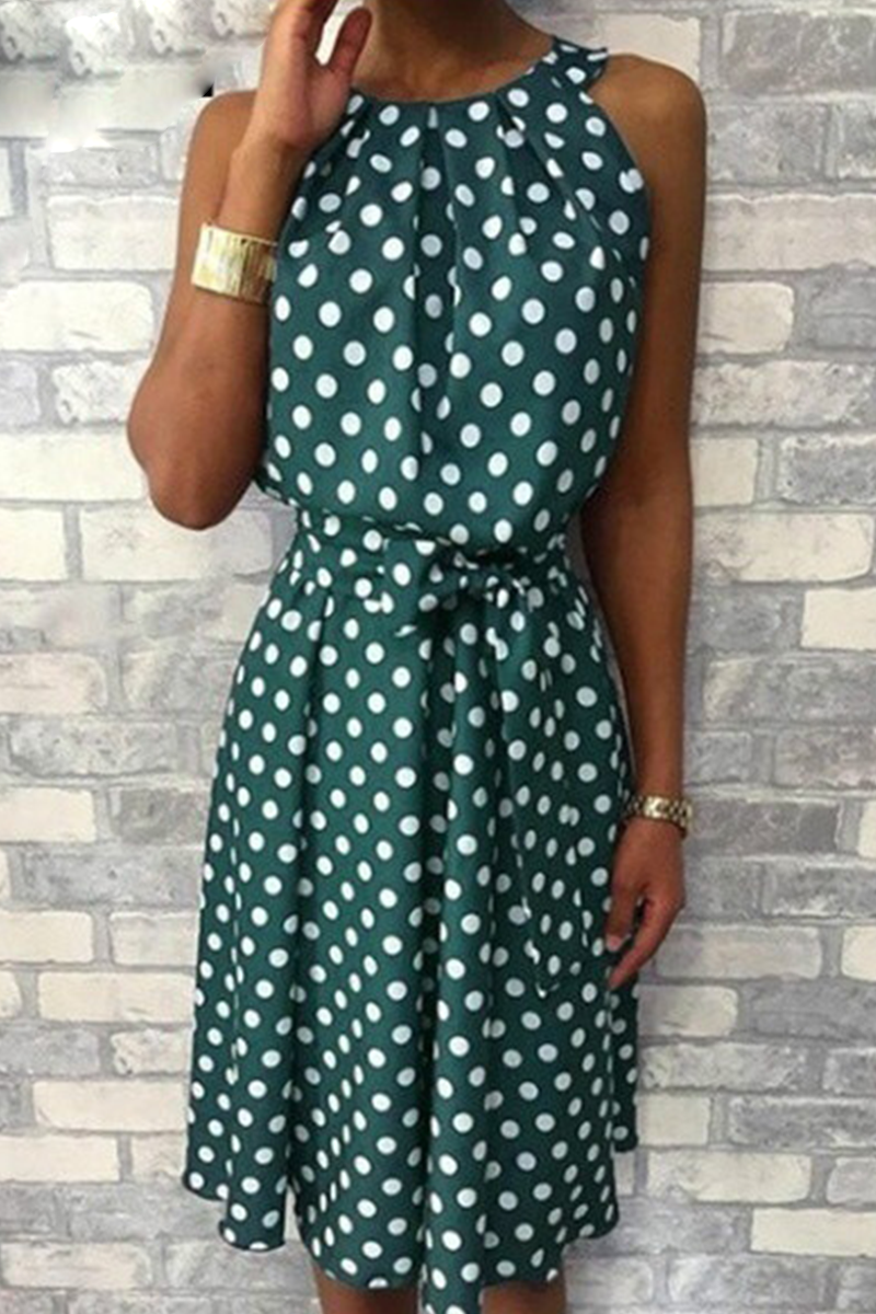 Dot Split Joint Halter Waist Skirt Dresses(6 Colors)