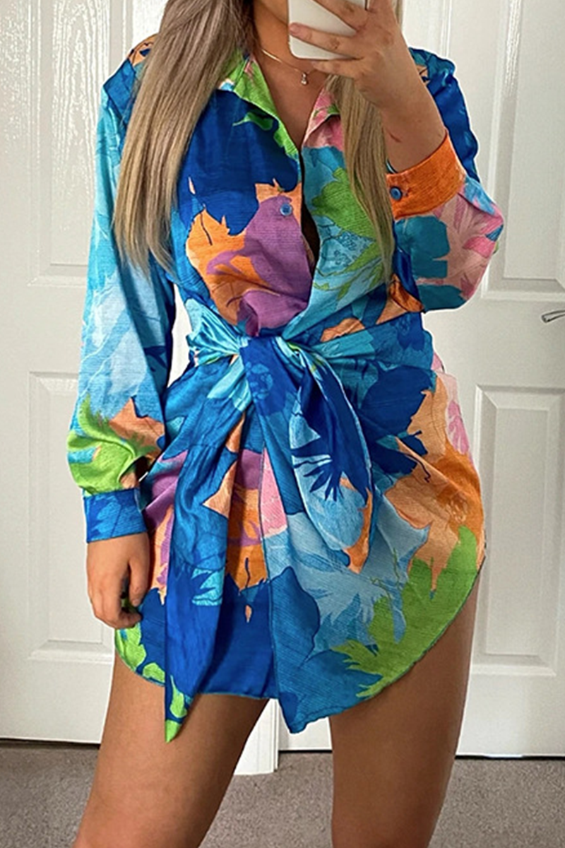 Print Split Joint Turndown Collar Waist Skirt Dresses(5 Colors)