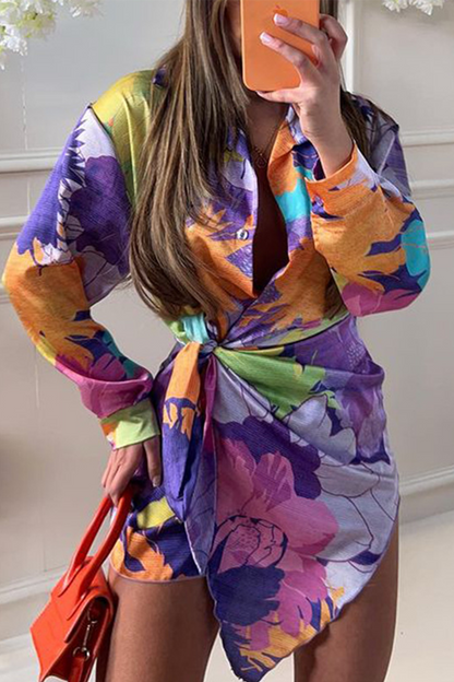 Print Split Joint Turndown Collar Waist Skirt Dresses(5 Colors)