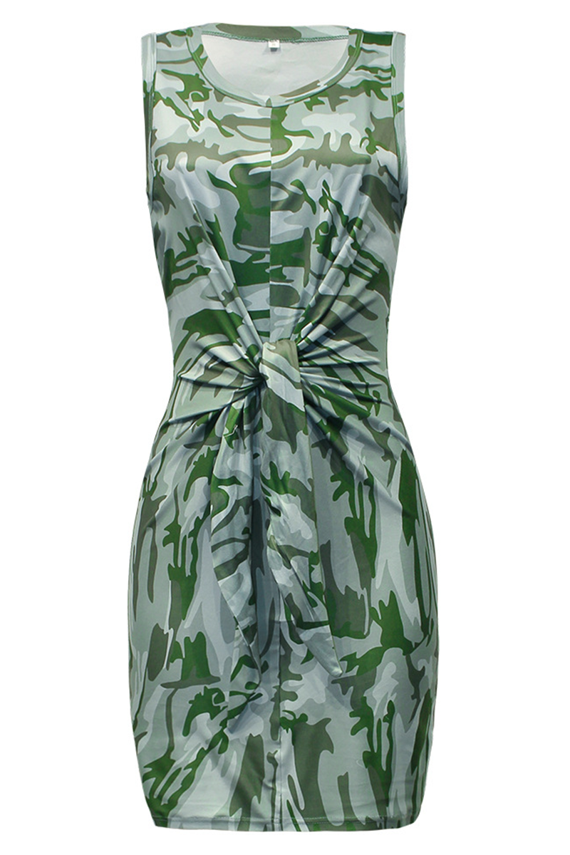 Camouflage Print O Neck Pencil Skirt Dresses