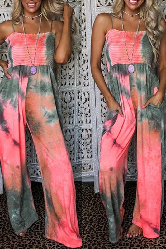 Patchwork Tie-dye Spaghetti Strap Straight Jumpsuits