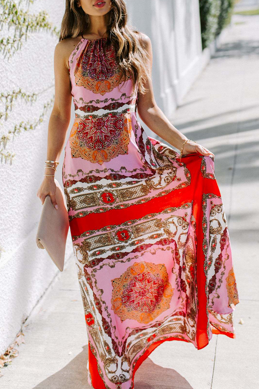 Print Patchwork Halter Waist Skirt Dresses