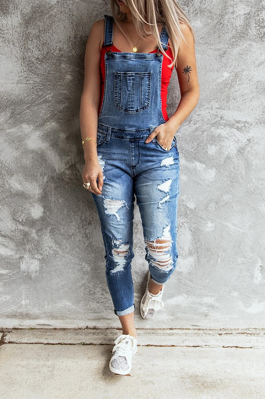 Ripped Square Collar Sleeveless Harlan Denim Jumpsuits