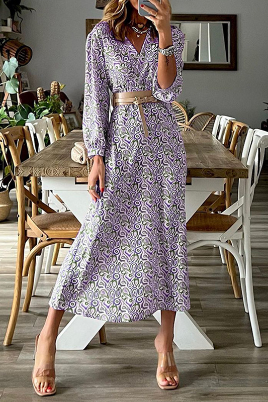 Print Patchwork V Neck Waist Skirt Dresses