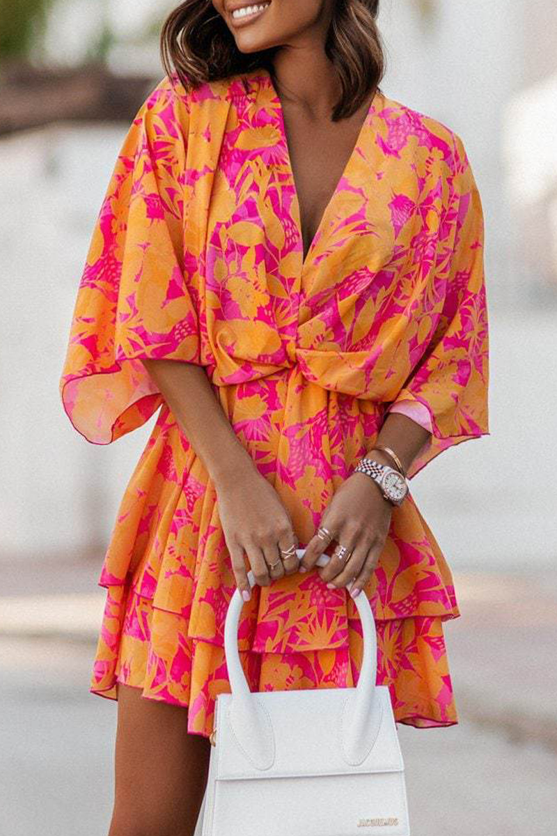Print Patchwork V Neck Cake Skirt Dresses(4 Colors)