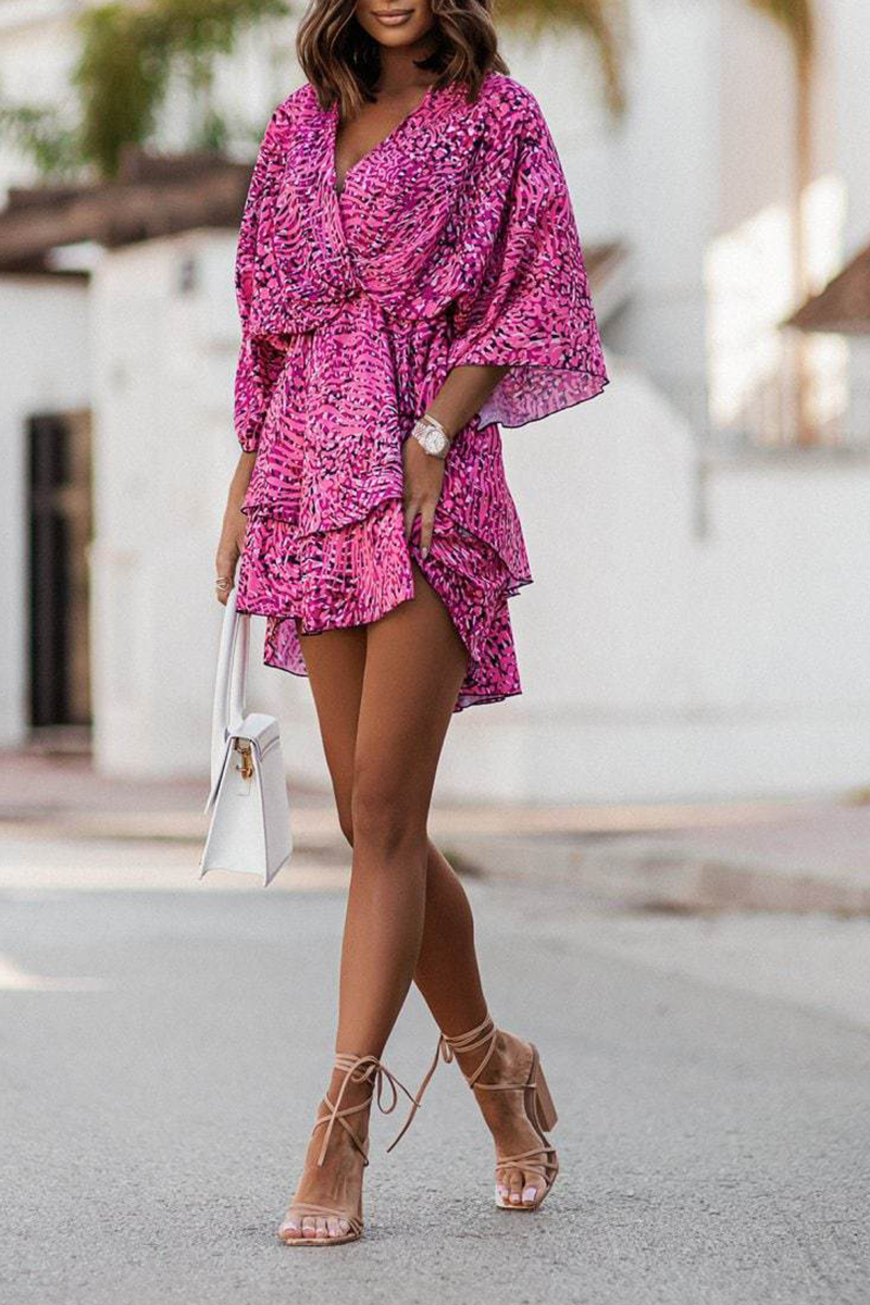 Print Patchwork V Neck Cake Skirt Dresses(4 Colors)
