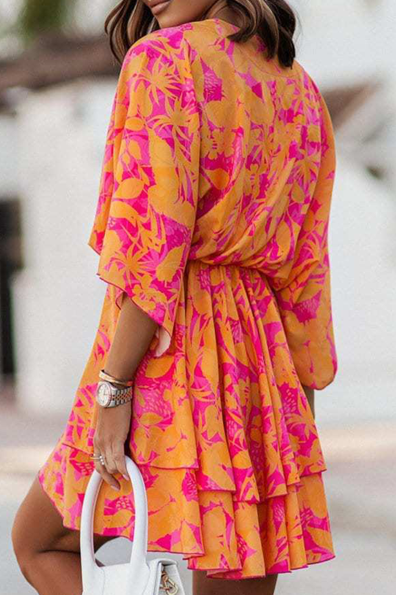 Print Patchwork V Neck Cake Skirt Dresses(4 Colors)