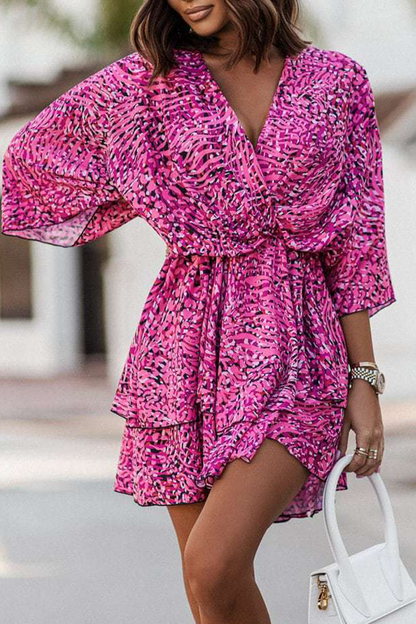 Print Patchwork V Neck Cake Skirt Dresses(4 Colors)
