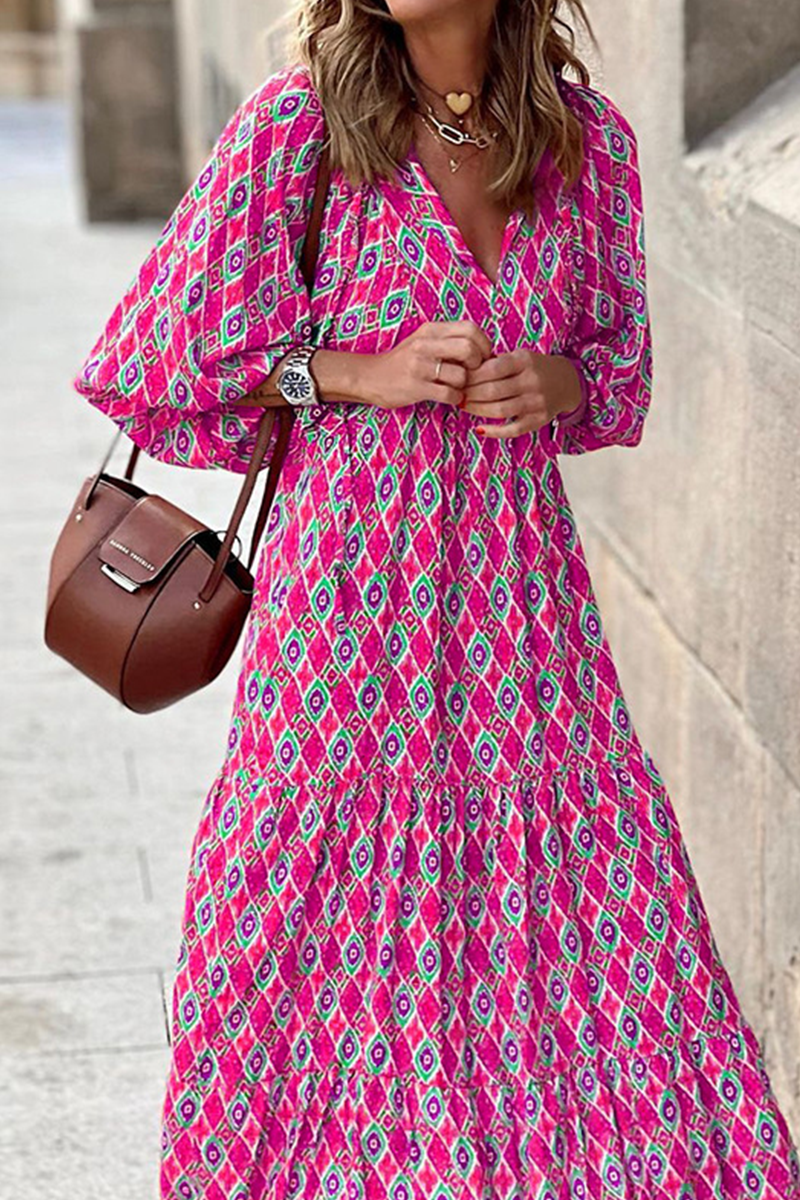Print Patchwork V Neck Cake Skirt Dresses(10 Colors)