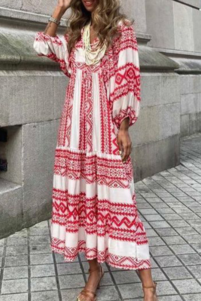 Print Patchwork V Neck Cake Skirt Dresses(10 Colors)