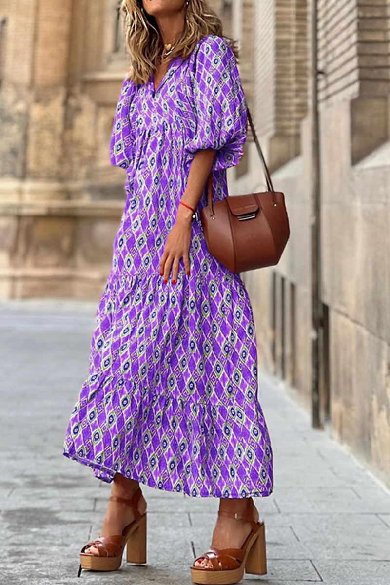 Print Patchwork V Neck Cake Skirt Dresses(10 Colors)