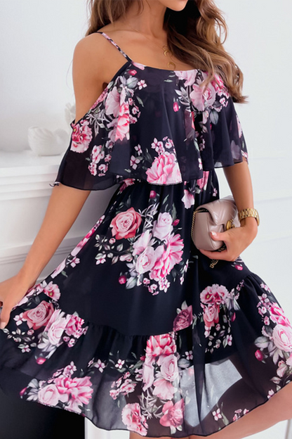 Print Patchwork Spaghetti Strap Cake Skirt Dresses(4 Colors)