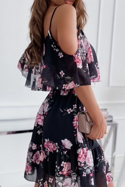 Print Patchwork Spaghetti Strap Cake Skirt Dresses(4 Colors)