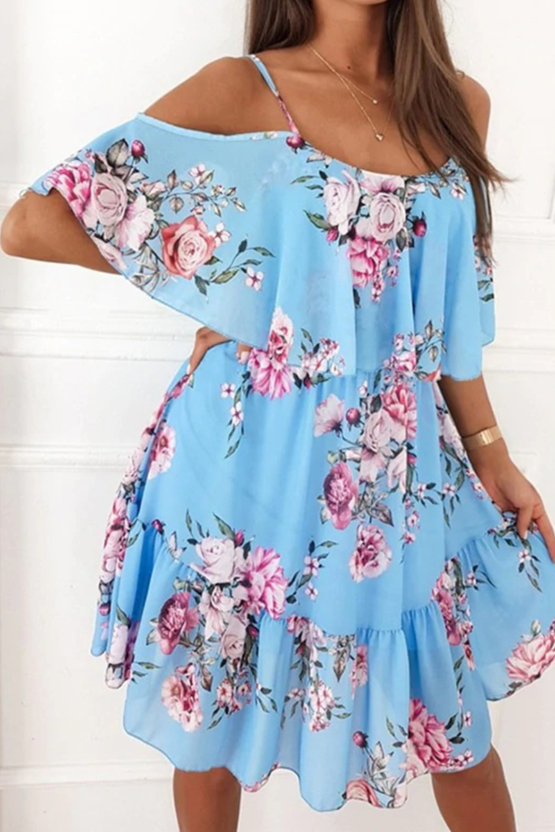 Print Patchwork Spaghetti Strap Cake Skirt Dresses(4 Colors)