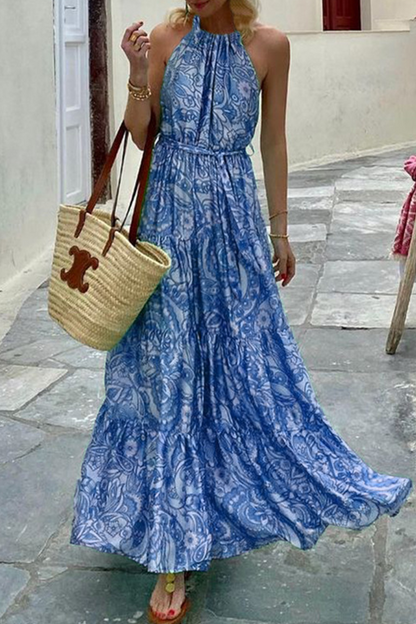 Print Patchwork Halter Waist Skirt Dresses(3 Colors)