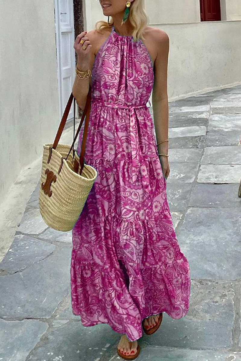 Print Patchwork Halter Waist Skirt Dresses(3 Colors)