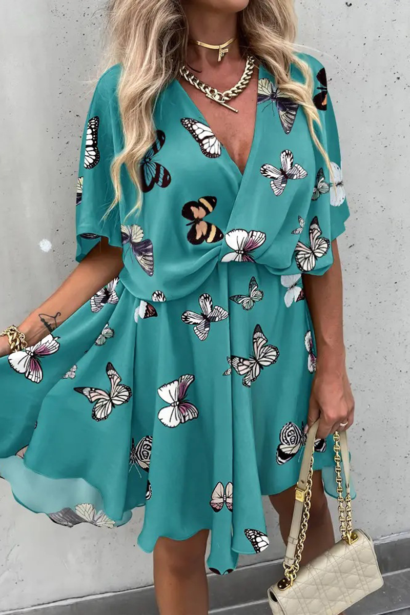 Print Patchwork V Neck Waist Skirt Dresses(4 Colors)
