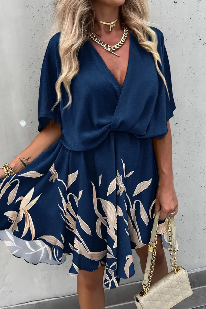 Print Patchwork V Neck Waist Skirt Dresses(4 Colors)