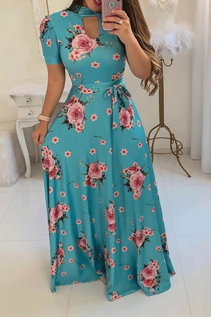 Print Hollowed Out Half a Turtleneck Cake Skirt Dresses