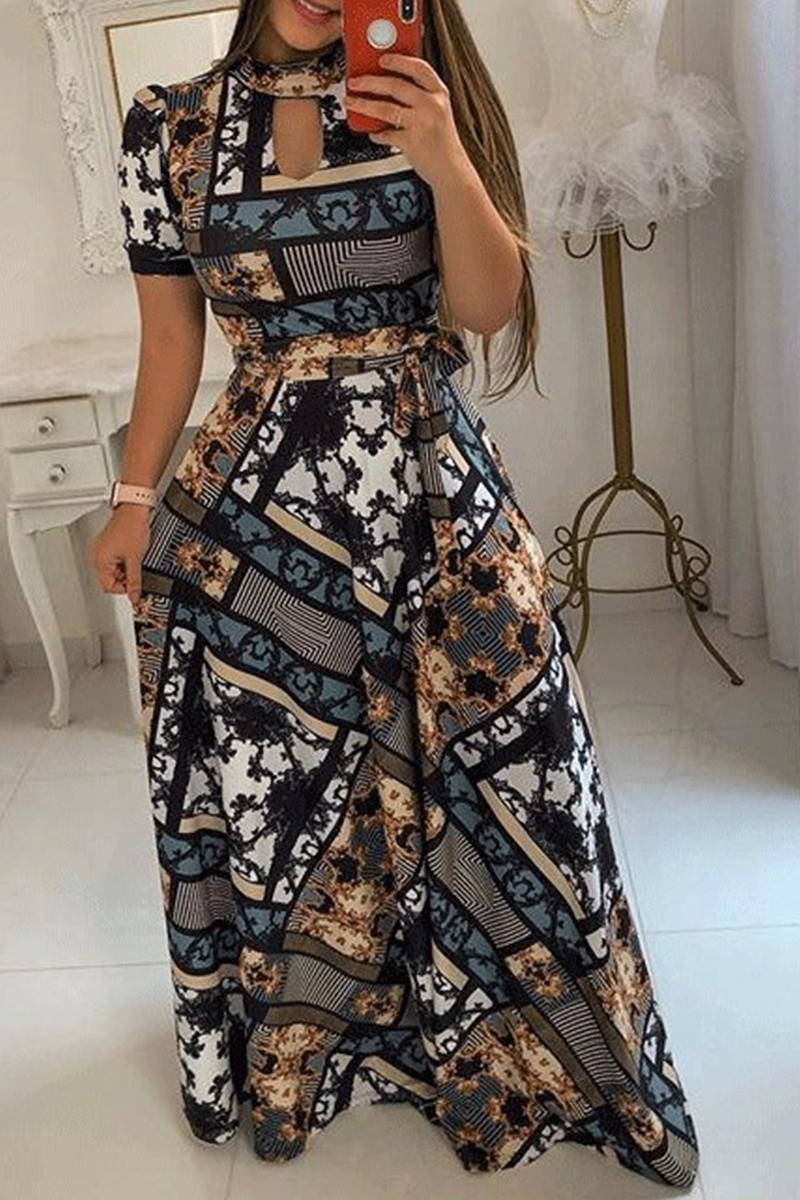 Print Hollowed Out Half a Turtleneck Cake Skirt Dresses