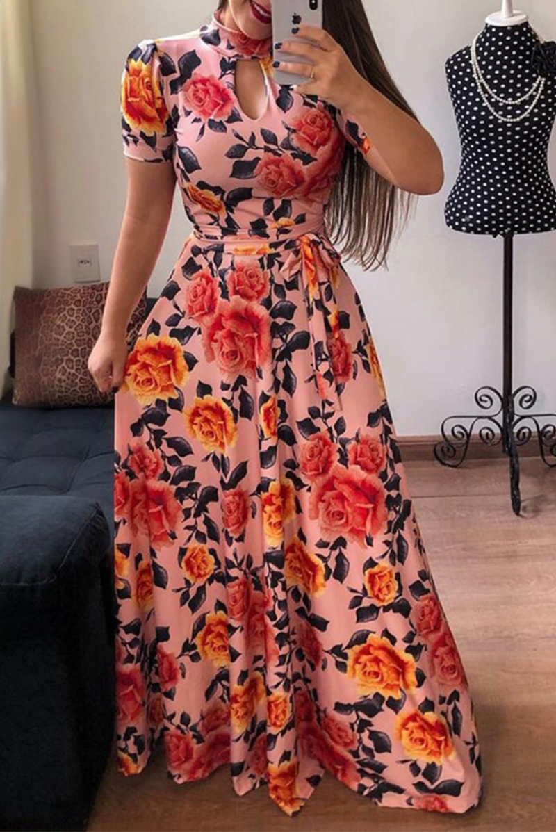 Print Hollowed Out Half a Turtleneck Cake Skirt Dresses