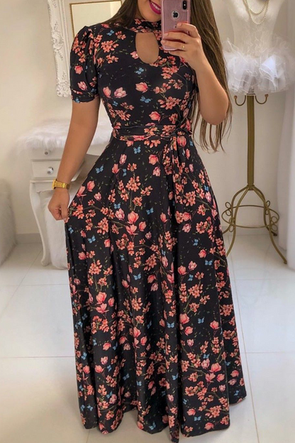 Print Hollowed Out Half a Turtleneck Cake Skirt Dresses