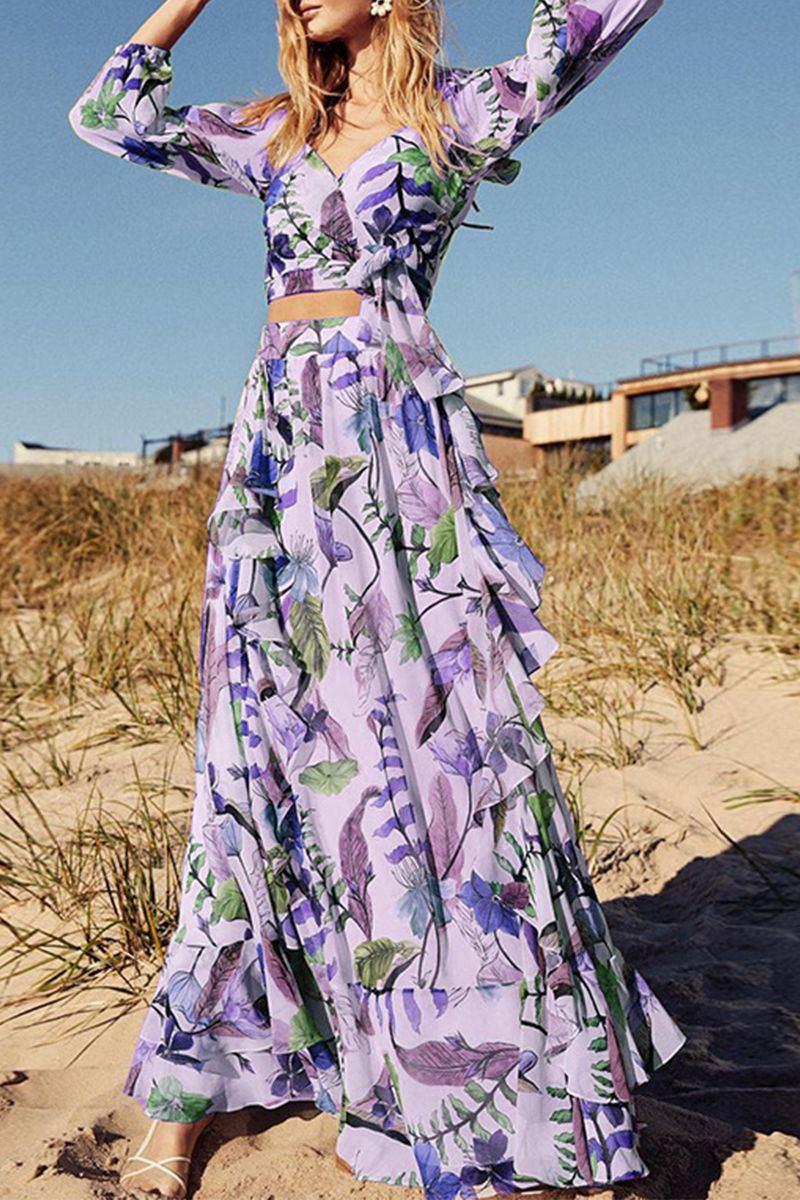 Print Patchwork V Neck Cake Skirt Dresses