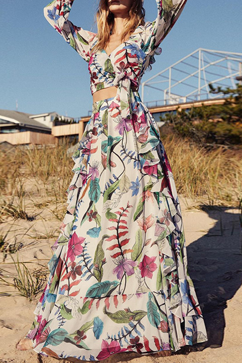 Print Patchwork V Neck Cake Skirt Dresses