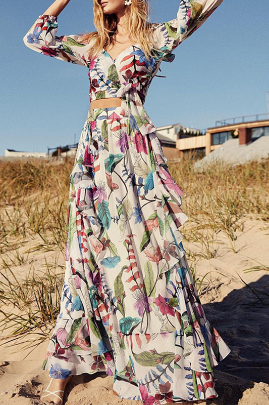 Print Patchwork V Neck Cake Skirt Dresses